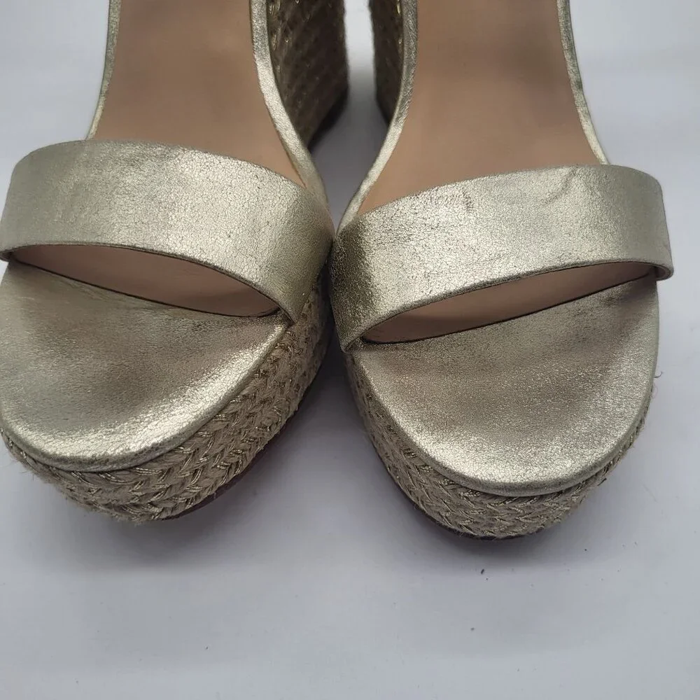 Badgley Mischka Womens SZ 10 Platform Straw Wedge Strappy Gold Metallic Sandals - Picture 3 of 13